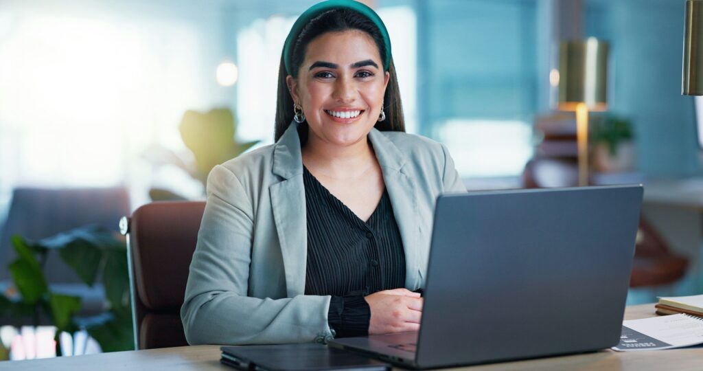 Face, business and woman with a laptop, connection and problem solving with email, project and webs