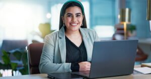 Face, business and woman with a laptop, connection and problem solving with email, project and webs